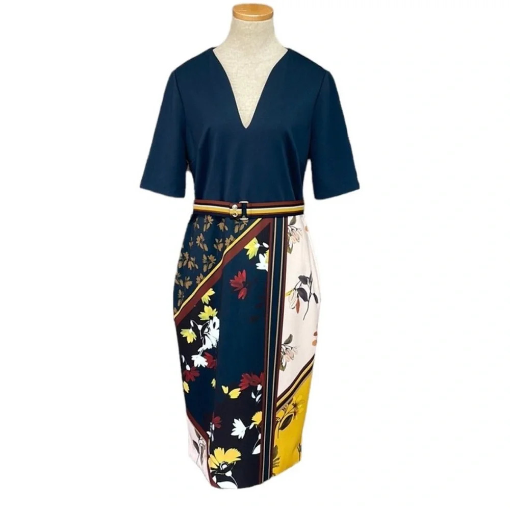 Ted Baker London Sheath Dress Short Sleeve Blue Floral Size Medium M